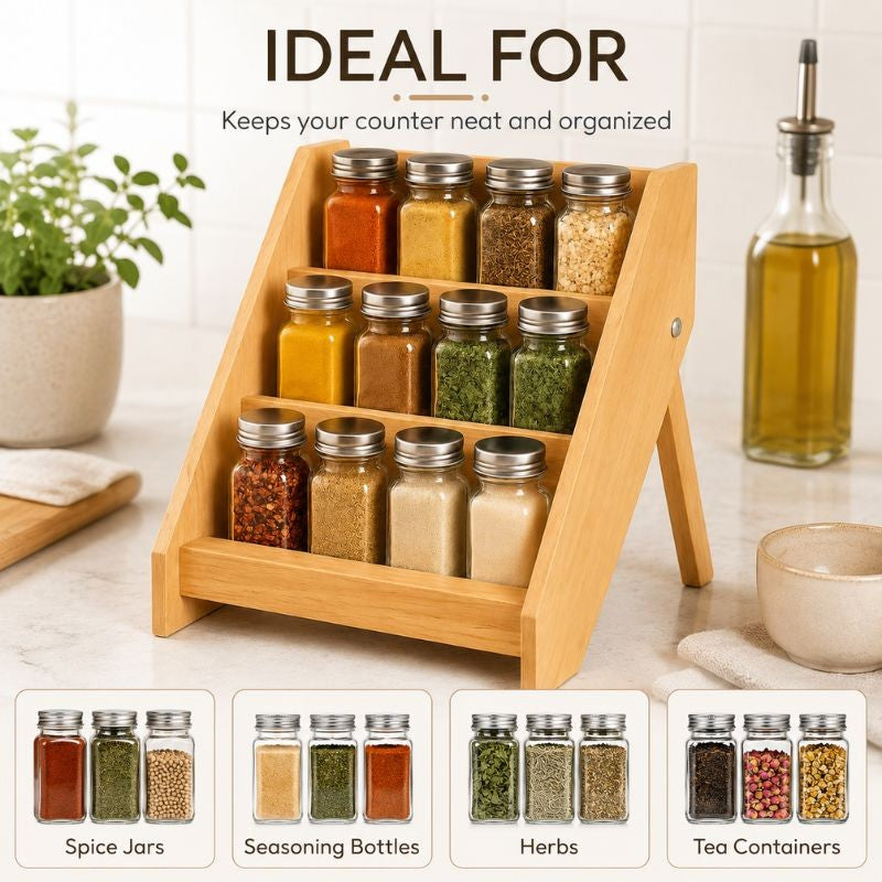 Wooden 3-Tier Spice Jar Storage Rack Organizer for Kitchen Counter