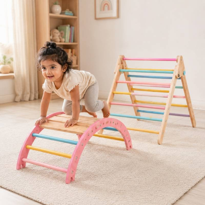 Montessori Climbing Arch & Pikler Triangle Set for Kids — Wooden Indoor Playset