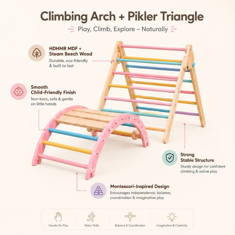 Montessori Climbing Arch & Pikler Triangle Set for Kids — Wooden Indoor Playset