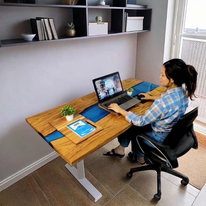 Suprema pearl blue height adjustable desk with white legs