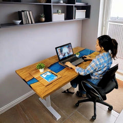 Suprema pearl blue height adjustable desk with white legs