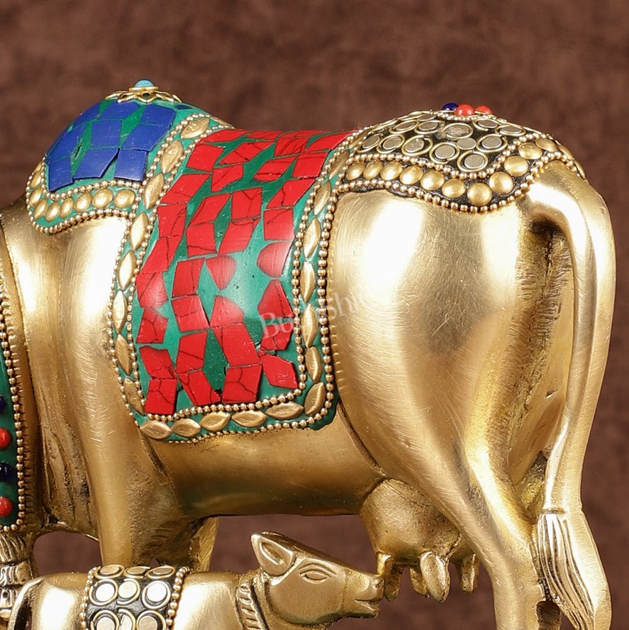Multi-Colour Brass Kamadhenu Cow with Calf Idol | 8.5 inch