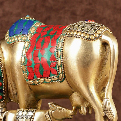 Multi-Colour Brass Kamadhenu Cow with Calf Idol | 8.5 inch