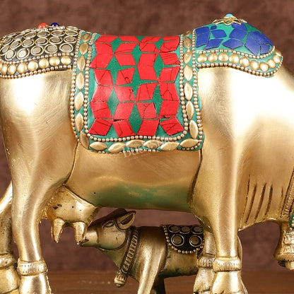 Multi-Colour Brass Kamadhenu Cow with Calf Idol | 8.5 inch