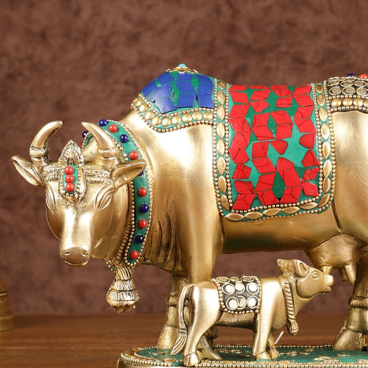 Multi-Colour Brass Kamadhenu Cow with Calf Idol | 8.5 inch