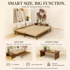 Scandinavian Acacia Wood Pull-Out Sofa Bed with Sliding Coffee Table – Beige Polyester