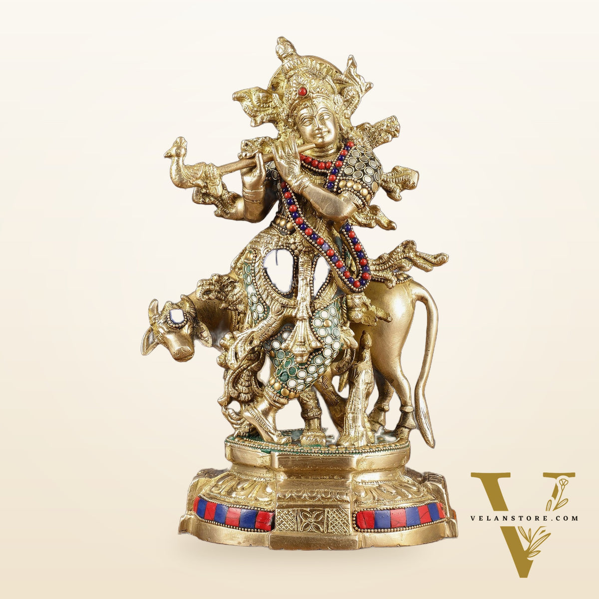 Multicolored Brass Krishna with Cow Idol | 12" with stonework