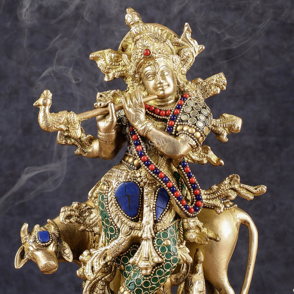 Multicolored Brass Krishna with Cow Idol | 12" with stonework