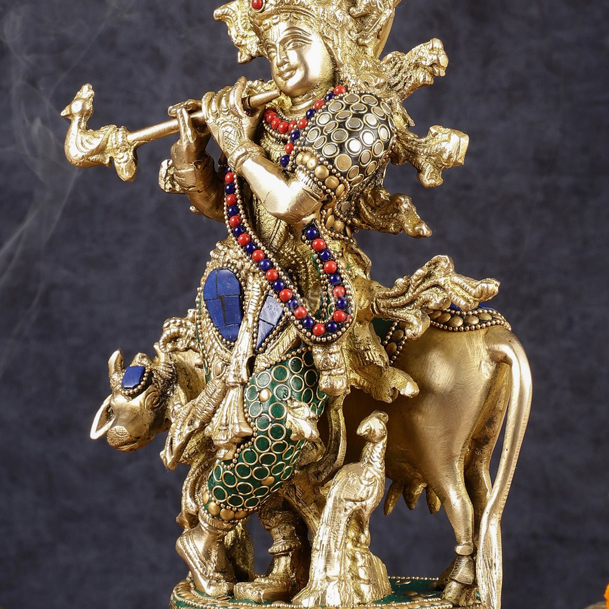 Multicolored Brass Krishna with Cow Idol | 12" with stonework