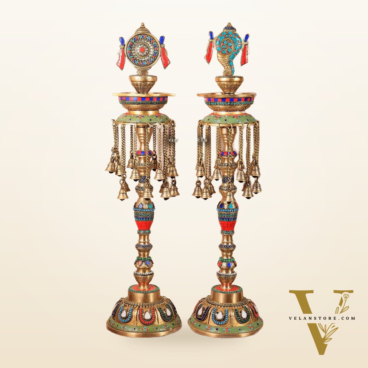Multicolored Superfine Brass Shankh Chakra Oil Lamps - Pair 30 inch