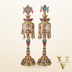 Multicolored Superfine Brass Shankh Chakra Oil Lamps - Pair 30 inch