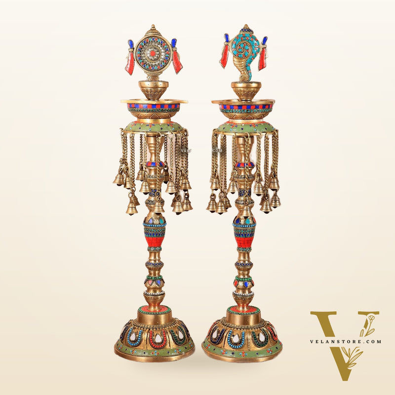 Multicolored Superfine Brass Shankh Chakra Oil Lamps - Pair 30 inch