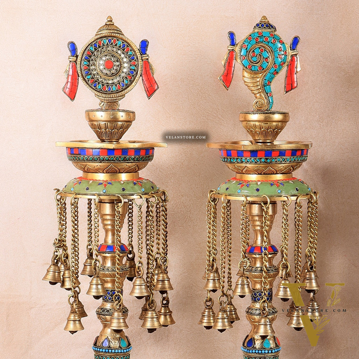 Multicolored Superfine Brass Shankh Chakra Oil Lamps - Pair 30 inch