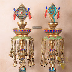 Multicolored Superfine Brass Shankh Chakra Oil Lamps - Pair 30 inch