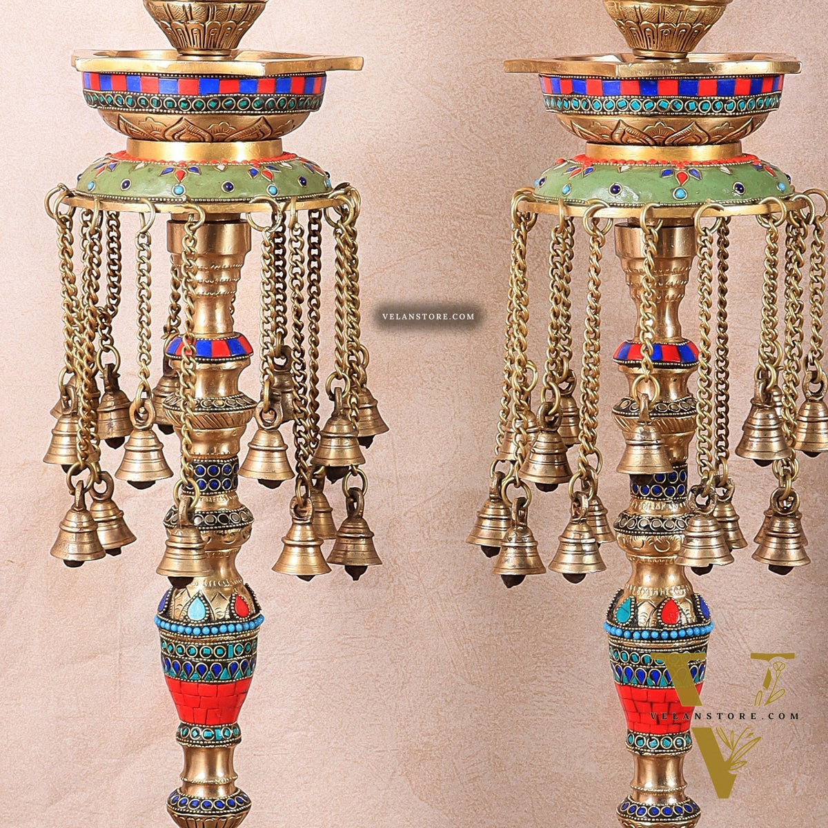 Multicolored Superfine Brass Shankh Chakra Oil Lamps - Pair 30 inch