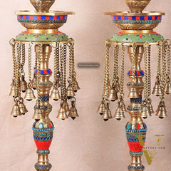 Multicolored Superfine Brass Shankh Chakra Oil Lamps - Pair 30 inch