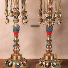 Multicolored Superfine Brass Shankh Chakra Oil Lamps - Pair 30 inch