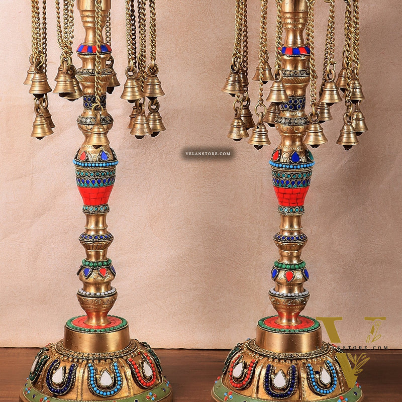 Multicolored Superfine Brass Shankh Chakra Oil Lamps - Pair 30 inch