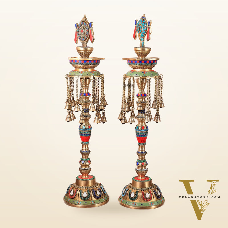 Multicolored Superfine Brass Shankh Chakra Oil Lamps - Pair 30 inch