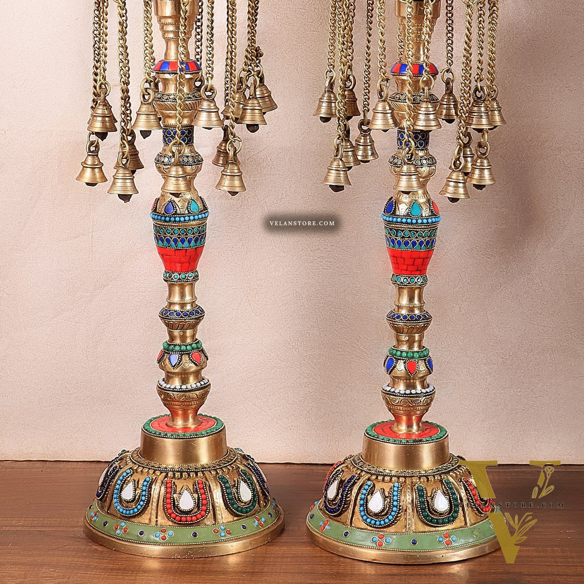 Multicolored Superfine Brass Shankh Chakra Oil Lamps - Pair 30 inch