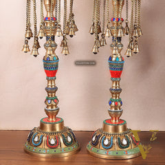 Multicolored Superfine Brass Shankh Chakra Oil Lamps - Pair 30 inch