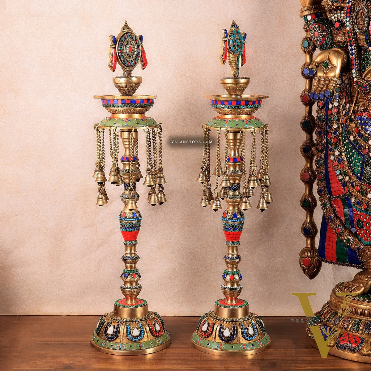 Multicolored Superfine Brass Shankh Chakra Oil Lamps - Pair 30 inch
