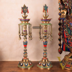 Multicolored Superfine Brass Shankh Chakra Oil Lamps - Pair 30 inch