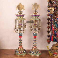 Multicolored Superfine Brass Shankh Chakra Oil Lamps - Pair 30 inch