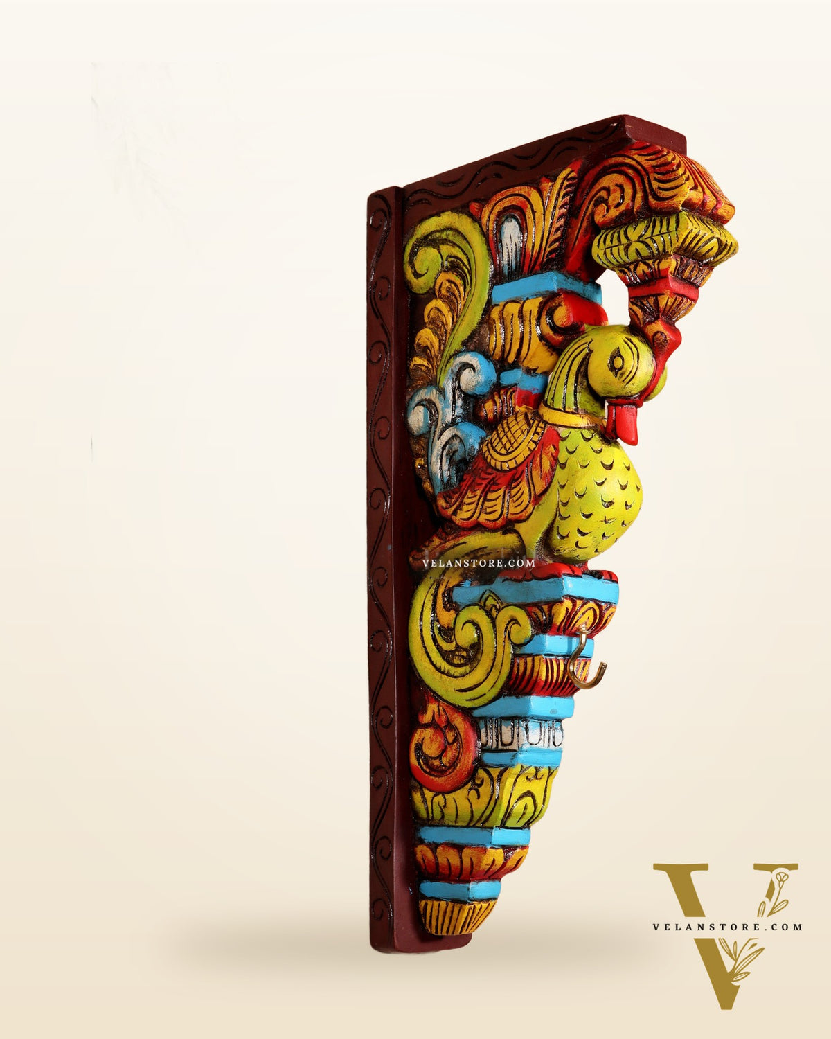 Multicolour Handcrafted Wooden Peacock Wall Bracket 14.5"