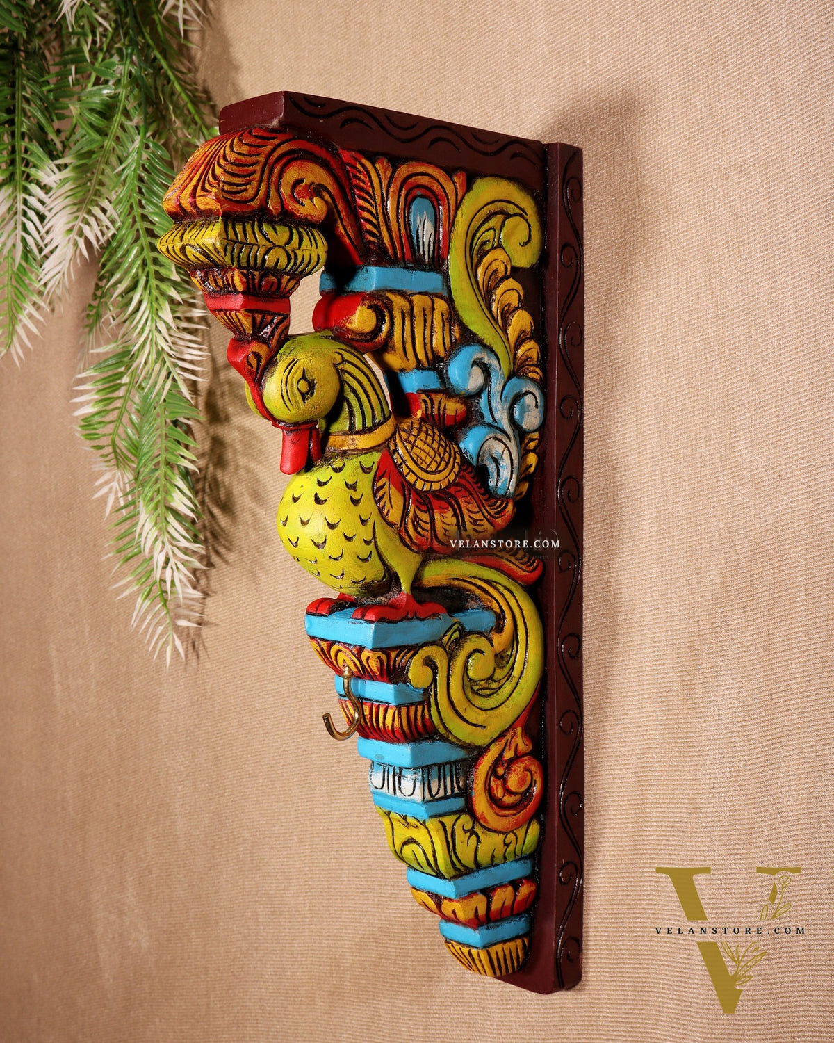 Multicolour Handcrafted Wooden Peacock Wall Bracket 14.5"