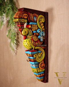 Multicolour Handcrafted Wooden Peacock Wall Bracket 14.5"