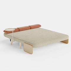 Mid-Century Beige Modern Rattan Daybed Full Folding Sofa Cum Bed, 3-Seater Convertible Sleeper Lounge Chair with Wooden Side Tray