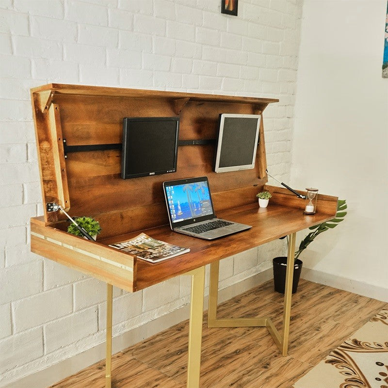 Solid Acacia Wood Transformer Table – Extendable, Standing & Gaming Desk to Dining Table with Hydraulic Lift and Storage