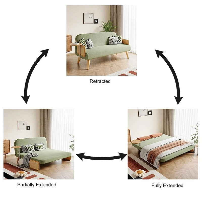 Mid-Century Green Modern Rattan Daybed Full Sofa Cum Bed, 3-Seater Folding & Adjustable Sleeper Longue Chair with Side Tray