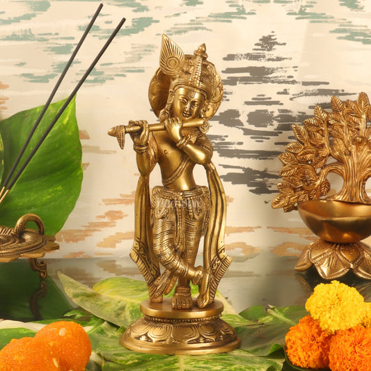 Murlidhar Krishna Idol: Exquisite 9.5-Inch Brass Idol