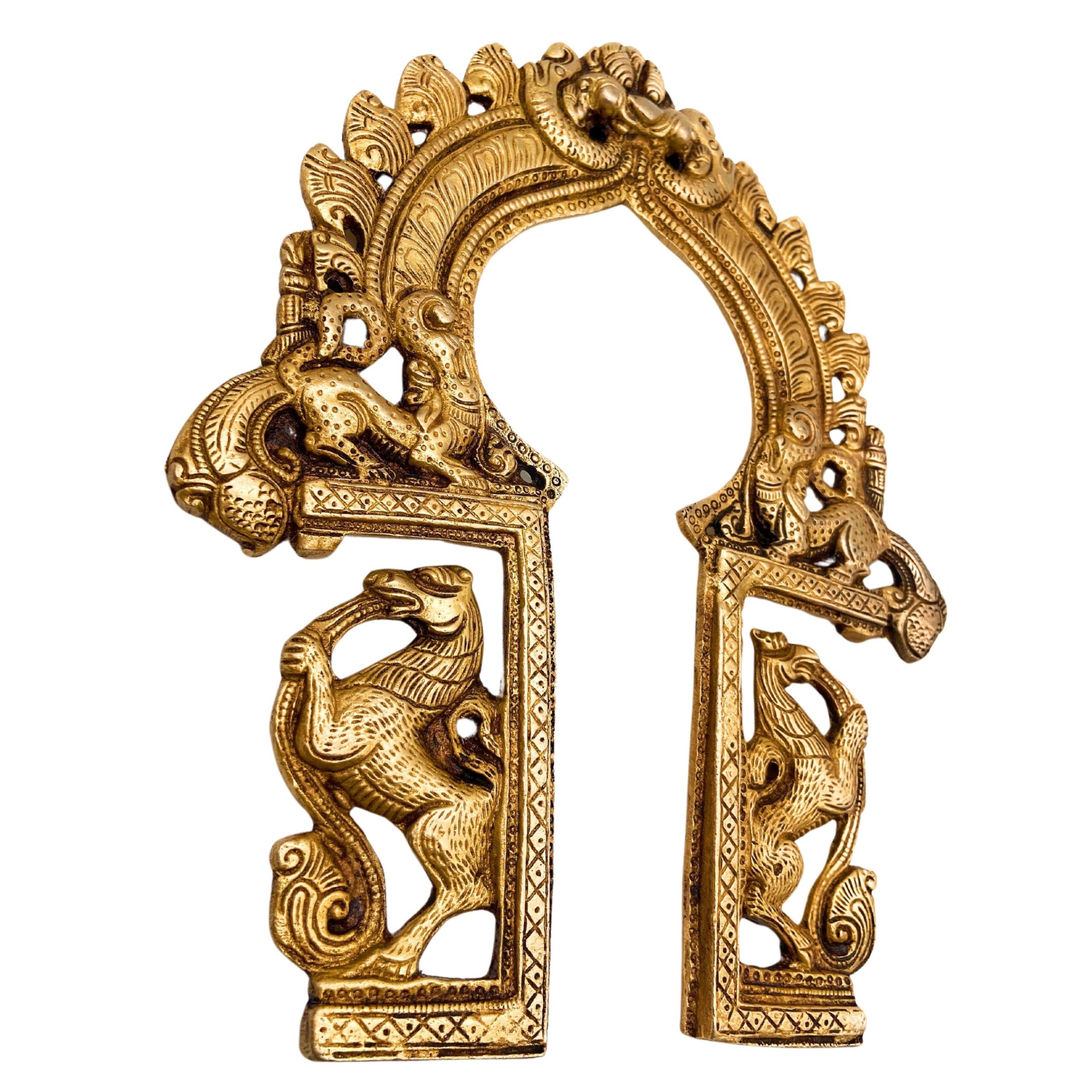 Brass Prabhavali with Yali Arch, Wall Hanging Prabhawali Backplate for Temple & Home Decor, Prabhaval Frame for Deity Idol, Gold, 10 Inch, 1 Piece