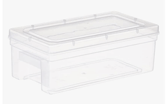 Clear plastic storage box with a lid on a white background