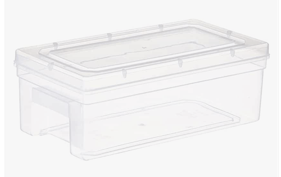 Clear plastic storage box with a lid on a white background