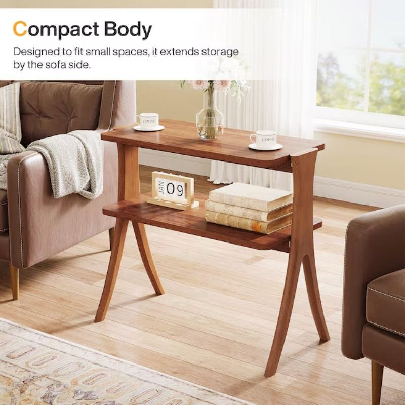 Tall Narrow End Table with 2-Tier Shelf and Solid Wood Legs