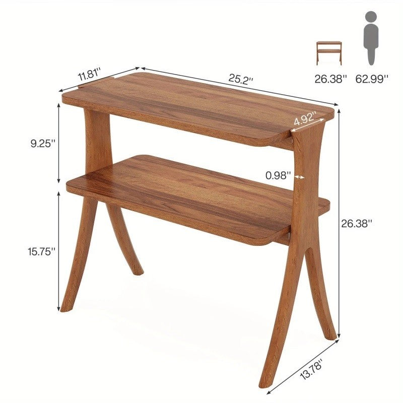 Tall Narrow End Table with 2-Tier Shelf and Solid Wood Legs