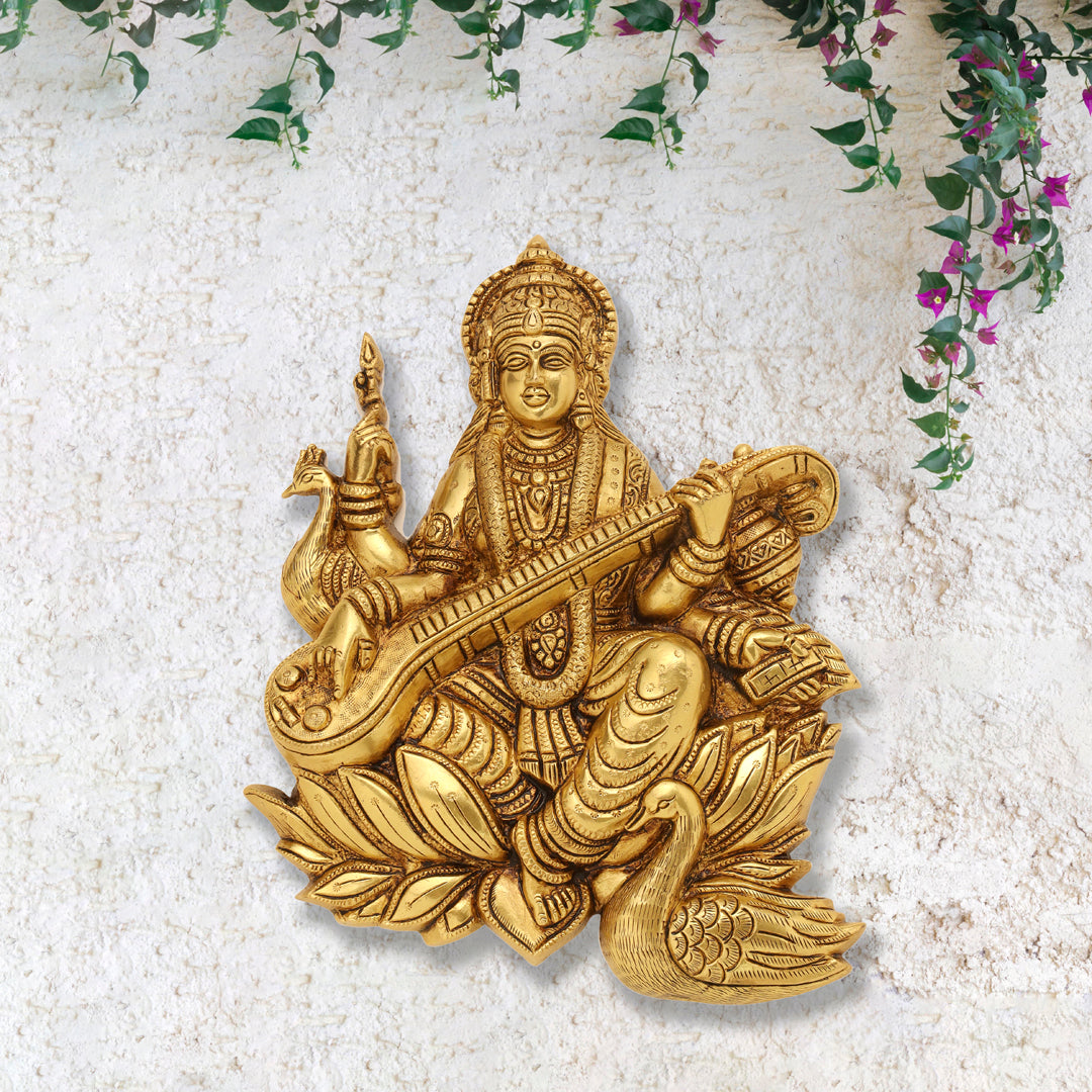 Brass Goddess Saraswati Wall Hanging (11 Inch)