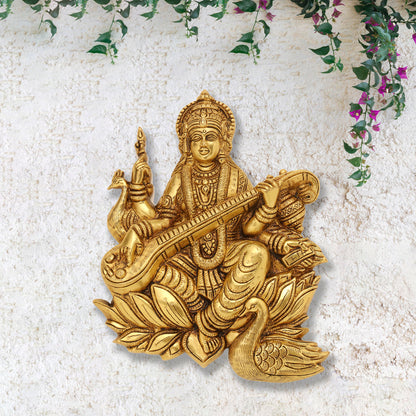 Brass Goddess Saraswati Wall Hanging (11 Inch)