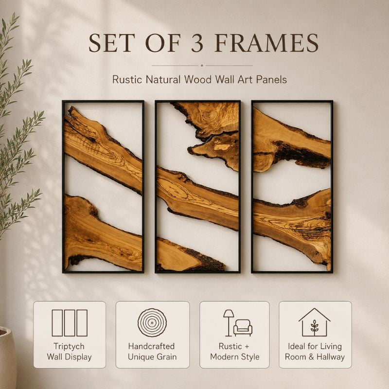 Rustic Natural Wood Wall Art Panels with Black Metal Frame – Luxury Living Room Decor