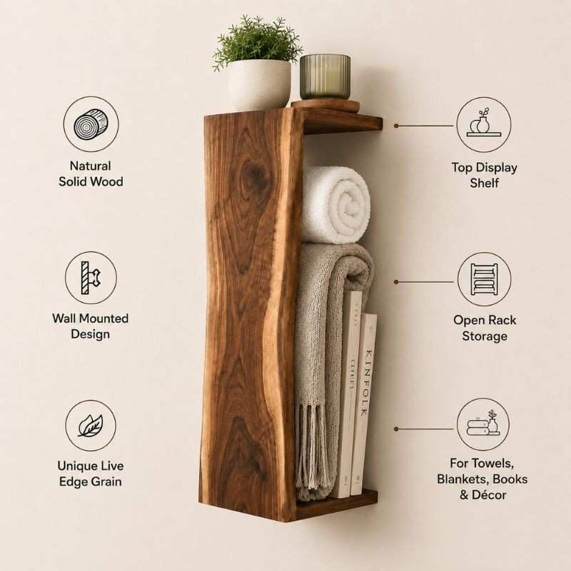 Waterfall Live Edge Wooden Blanket Holder, Decorative Bathroom Towel Rack, Wall Bookshelf