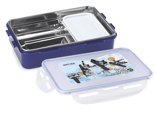 Nayasa Steel Super Lock - 800 ml, Stainless Steel Kids Lunch Boxes with Four Side Clip & Inside Removable Container with Airtight Lids, Light Weight, Easy to Carry, Ideal for Kids & Adults, Blue