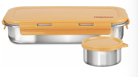 Nayasa Eco Roti Lunch Box - 580 Ml, Stainless Steel Kids Lunch Box with Four Side Clip& Inside Removable Round Container, Leakproof, Light Weight, Easy to Carry, Ideal for Kids & Adults, Orange