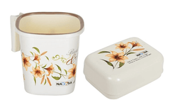 Nayasa Plastic Square Ring Bathroom Mug with Matching Soap case (1.5 Liters, Off-White, 2-Pieces)-1