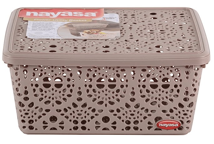 Nayasa Flower Plastic Storage Basket (Brown, SSB049, Medium)-1