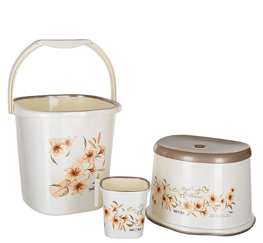 नयसा फंक बाथरूम सेट 3 पीस - बाल्टी (18 लीटर), मग (1.5 लीटर) और 1 स्टूल, ऑफ व्हाइट | बाथरूम एक्सेसरी सेट (प्लास्टिक)