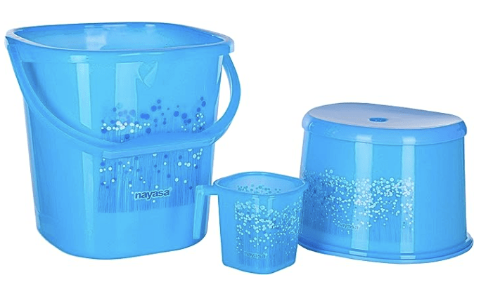Nayasa Funk Bathroom Set 3 Pieces- Bucket (18 litres), Mug (1.5 Liters) and 1 Stool, Blue | Bathroom Accessory Set(Plastic)